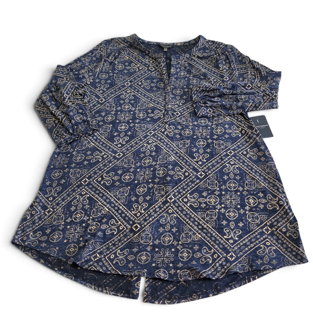 Lucky Brand Womens 1X Navy Blue Bandana Paisley Split Back Tunic Top NWT